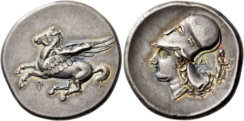 Corinthia, Corinth. Stater circa 345-307, AR 8.51 g. Pegasus flying l.; below, [...
