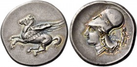 Corinthia, Corinth. Stater circa 345-307, AR 8.51 g. Pegasus flying l.; below, [koppa]. Rev. Head of Athena l.; in r. field, Δ and Dionysus standing r...