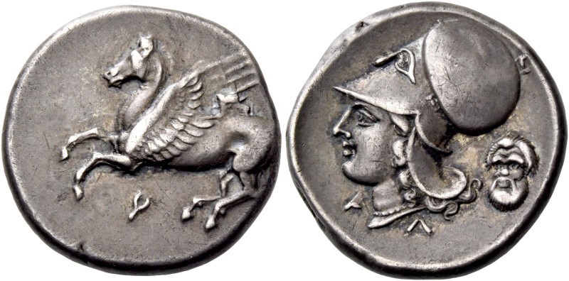 Corinthia, Corinth. Stater circa 330, AR 8.55 g. Pegasus flying l.; below, [kopp...