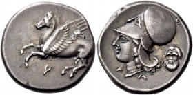 Corinthia, Corinth. Stater circa 330, AR 8.55 g. Pegasus flying l.; below, [koppa]. Rev. Head of Athena l.; in r. field, mask of Silenus and below, A ...