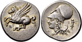 Corinthia, Corinth. Stater circa 330, AR 8.55 g. Pegasus flying l.; below, [koppa]. Rev. Head of Athena l.; in field, Δ – I and in r. field, Artemis. ...