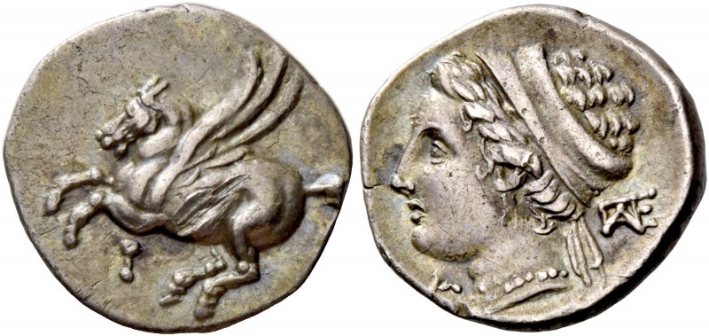 Corinthia, Corinth. Drachm circa 330-300, AR 2.37g. Pegasus flying l.; below, [k...