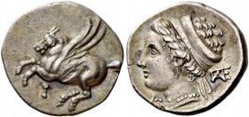 Corinthia, Corinth. Drachm circa 330-300, AR 2.37g. Pegasus flying l.; below, [koppa]. Rev. Head of Aphrodite l., wearing stephane: in r. field, monog...