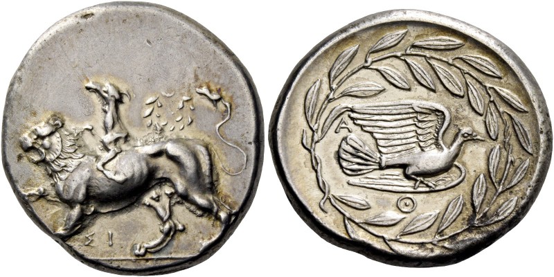 Sicyonia, Sicyon. Stater circa 360s-330s/320s, AR 12.05 g. Chimera advancing l.,...