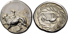 Sicyonia, Sicyon. Stater circa 360s-330s/320s, AR 12.05 g. Chimera advancing l., with r. paw raised; above, wreath and beneath, ΣI. Rev. Dove flying r...