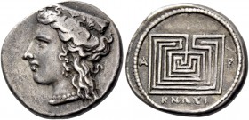 Crete, Cnossus. Drachm circa 330-300, AR 5.41 g. Head of Hera l. wearing sphendone decorated with palmettes, earring and necklace. Rev. Labyrinth; at ...