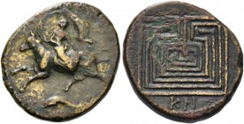 Crete, Cnossus. Bronze circa 220, Æ 6.87 g. Europa riding bull l.; below, dolphin l. Rev. KN Labyrinth. Svoronos, Numismatique 119. SNG Copenhagen 378...