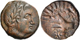 The Cyclades, Kythnos. Karthaia, Bronze IV-III century, Ć 6.11 g. Laureate head of Apollo r. Rev. KAPΘA Forepart of Sirius l.; within rays. BMC 40 (th...