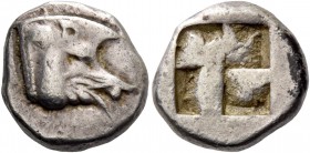 Kythnos. Tetrobol circa 475-460, AR 3.99 g. Head of boar r. Rev. Quadripartite incuse square. Weber 8570. SNG Kayhan 1050. Sehhedy cf. 36 and 40.
Rar...