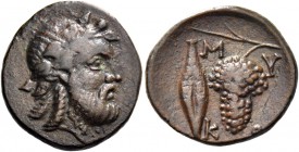 Mykonos. Bronze III-I century, Ć 3.39 g. Ivy-wreathed and bearded head of Dionysus r. Rev. M – Y / K – O Bunch of grapes; in l. field, barley grain. B...