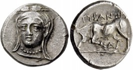 Scythia, Tyra. Drachm circa 350-330, AR 5.24g. Veiled head of Demeter facing slightly l., wearing necklace and wreath of grain ear. Rev. TYPANON Bull ...
