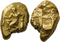 Mysia, Cyzicus. Stater circa 500-450, EL 16.13 g. Naked youth kneeling l., holding tunny-fishes in each hand. Rev. Quadripartite incuse square. von Fr...