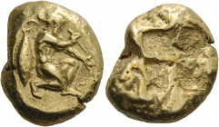 Mysia, Cyzicus. Stater circa 500-450, EL 16.05 g. Warrior kneeling r., holding arrow and bow; in l. field, tunny. Rev. Quadripartite incuse square. vo...