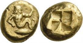 Mysia, Cyzicus. Stater circa 500-450, EL 15.95 g. Triton swimming l., holding wreath in l. hand; below, tunny. Rev. Quadripartite incuse square. von F...