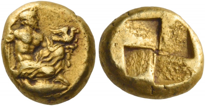 Mysia, Cyzicus. Hecte circa 450-430, EL 2.68 g. Draped Zeus kneeling r., holding...