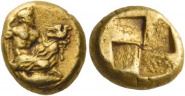 Mysia, Cyzicus. Hecte circa 450-430, EL 2.68 g. Draped Zeus kneeling r., holding sceptre in r. hand and extending l. arm; above which, eagle flying r....