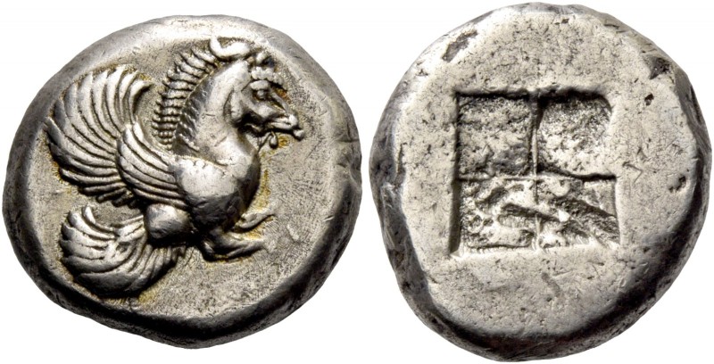 Lampsacus. Didrachm circa 500-450, AR 6.96 g. Forepart of Pegasus prancing r. Re...