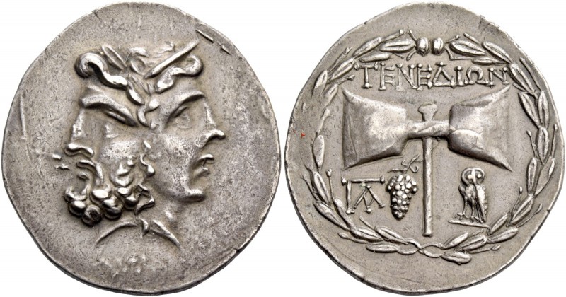 Islands off Troas, Tenedos. Tetradrachm circa 100-70, AR 16.30 g. Janiform head ...