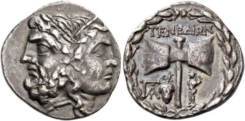 Islands off Troas, Tenedos. Drachm circa 100-70 BC, AR 3.64 g. Janiform head of ...