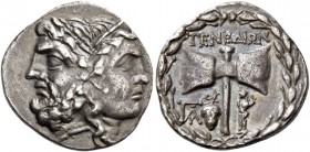 Islands off Troas, Tenedos. Drachm circa 100-70 BC, AR 3.64 g. Janiform head of a laureate male and diademed female. Rev. ΤΕΝΕΔΙΩΝ Labrys; below, mono...