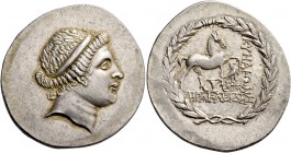 Aeolis, Cyme. Tetradrachm magistrate Herakleides, circa 160-150, AR 16.91 g. Diademed head of Kyme r. Rev. KYMAIΩN Horse standing r., l. foreleg arche...