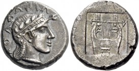 Colophon. Drachm circa 450-410, AR 5.48 g. KOΛΦΩNIΩN Laureate head of Apollo r. Rev. Six-stringed lyre within incuse square. Milne, Colophon 20. SNG v...