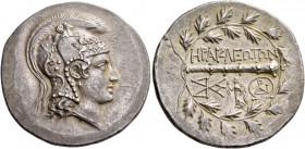 Heraclea ad Latmun. Tetradrachm circa 189-170, AR 16.65 g. Helmeted head of Athena r.; helmet decorated with Pegasus, four foreparts of horses and pal...