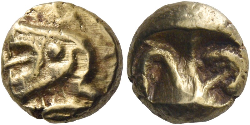 Uncertain mint. Hecte circa 600-500, EL 2.26 g. Two back to back lion heads, fac...
