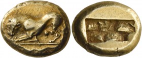 Uncertain mint. Stater circa 500-480, EL 13.99 g. Lactating lioness crouching l., head facing. Rev. Two rectangular incuses divided by a narrow band. ...