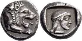 Caria, Cnidus. Drachm circa 465-449, AR 6.11 g. Forepart of lion r., with open jaws and tongue protruding. Rev. Diademed bust of Aphrodite r., wearing...