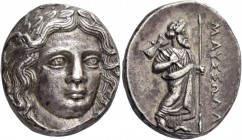 Satraps of Caria, Maussolus, 377 – 353. Tetradrachm, Halicarnassus after 367, AR 15.11 g. Laureate head of Apollo facing three-quarters r. Rev. ΜΑΥΣΣΩ...