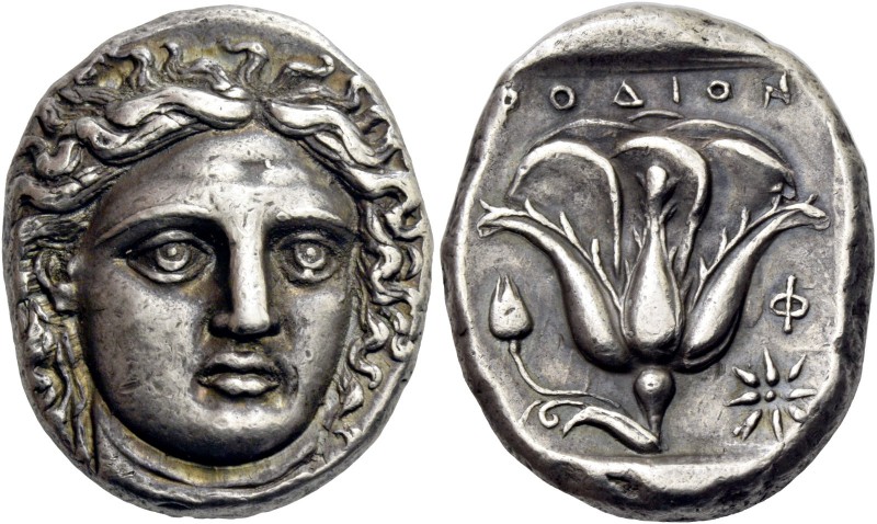 Islands off Caria, Rhodes. Tetradrachm circa 380, AR 15.24 g. Facing head of Apo...