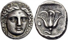 Islands off Caria, Rhodes. Tetradrachm circa 380, AR 15.24 g. Facing head of Apollo, looking slightly to r., hair floating loosely at sides of face. R...
