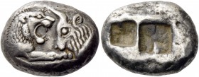 Kings of Lydia. Time of Croesus, 561-546 or later. Double siglos, Sardes circa 550-520, AR 10.72 g. Confronted foreparts of lion, with extended r. for...