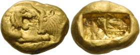 Kings of Lydia. Time of Croesus, 561-546 or later. Stater light series, Sardes circa 505-500, AV 8.02 g. Confronted foreparts of lion, with extended r...