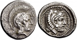 Erbbina 400 – 380. Stater, Telmessos circa 400-380, AR 8.51 g. Helmeted head of Athena r., bowl decorated with spiral and three olive leaves; in r. fi...