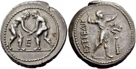 Pamphylia, Aspendus. Stater circa 330-250, AR 10.38 g. Two wrestlers grappling; in lower middle field, E. Rev. EΣTFEΔIY Slinger standing r.; in r. fie...