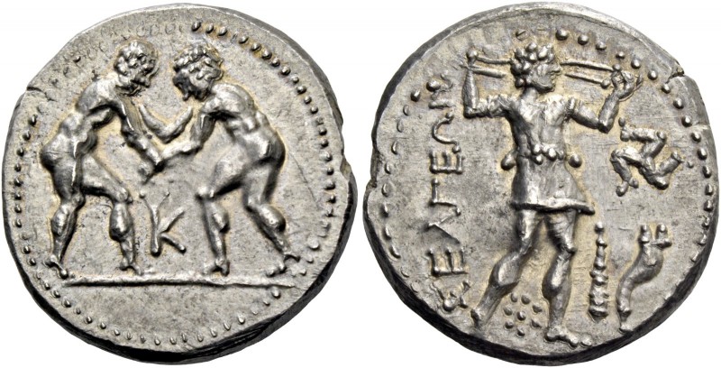 Selge. Stater circa 325-250, AR 8.51 g. Two wrestlers grappling; in lower middle...