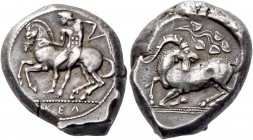 Cilicia, Celenderis. Stater circa 425-400, AR 10.88 g. Rider l., holding whip and dismounting from horse; below horse, KEΛ. Rev. Goat crouching l., he...