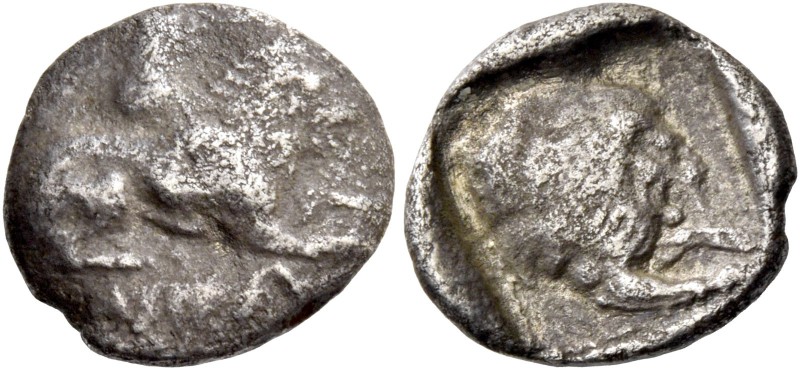 Amathus, Uncertain king, 460 – 450. Diobol circa 460-450, AR 1.48 g. Lion lying ...