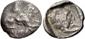 Amathus, Uncertain king, 460 – 450. Diobol circa 460-450, AR 1.48 g. Lion lying r.; above, eagle flying r. Rev. Forepart of lion r., within incuse squ...