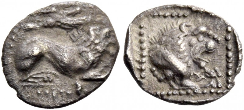 Amathus, Uncertain king, 460 – 450. Obol circa 460-450, AR 0.38 g. Lion lying r....