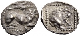 Amathus, Uncertain king, 460 – 450. Obol circa 460-450, AR 0.38 g. Lion lying r.; above eagle flying r. Rev. Forepart of lion r., with open jaws. Trai...