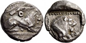 Uncertain king (Mo-), 450-430. Drachm circa 450-430, AR 3.61 g. mo in Cypriot characters Lion lying r.; above eagle flying r. Rev. Forepart of lion r....
