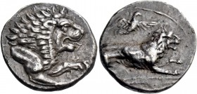 Zotimos, 385 – 380. Didrachm circa 385-380, AR 6.41 g. Lion lying r.; above, eagle flying r.; in exergue, Cypriot legend off-flan. Rev. zo ti mo in Cy...