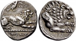 Uncertain king (...timos), 385 – 380. Didrachm circa 385-380, AR 6.60 g. [..] ti mo in Cypriot characters Lion lying r.; above, eagle flying r. Rev. [...