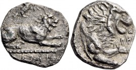 Uncertain king (...timos), 385 – 380. Stater circa 385-380, AR 6.41 g. [..] ti mo in Cypriot characters Lion lying r.; above, eagle flying r. Rev. [.....