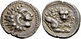 Wroikos, circa 350. Tetrobol circa 350, AR 2.15 g. Head of lion r. Rev. ro in Cypriot characters Forepart of lion r., with open jaws. Traité II 1272 a...