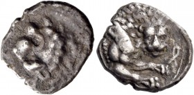 Wroikos, circa 350. Tetrobol circa 350, AR 2.16 g. Head of lion r., with open mouth. Rev. ro in Cypriot characters Forepart of lion r., head facing; i...