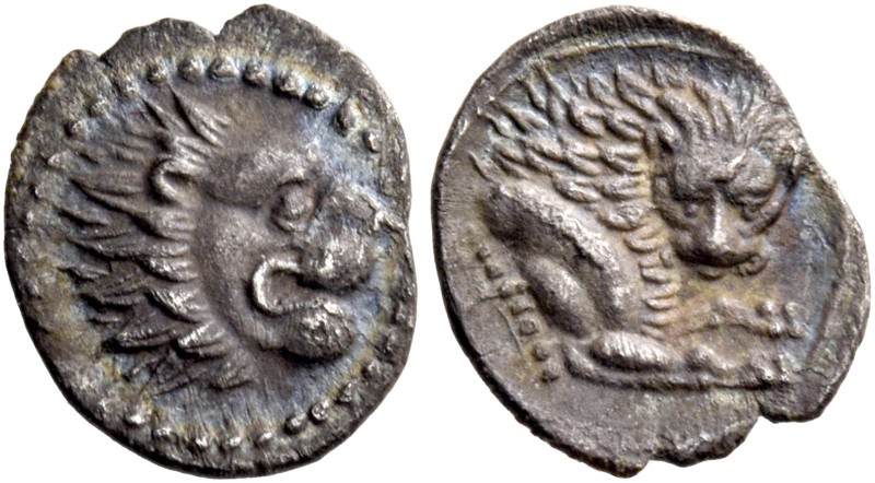 Wroikos, circa 350. Obol circa 350, AR 0.56 g. Head of lion r. Rev. Forepart of ...